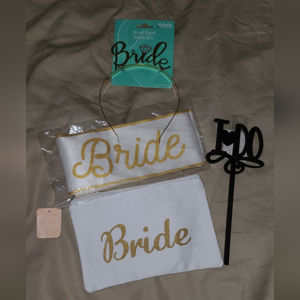 Bride Makeup Bag, Sash, Headband & "I Do" Cake Topper